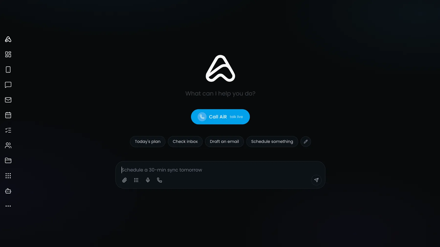 The AiR dashboard asking what it can help you do