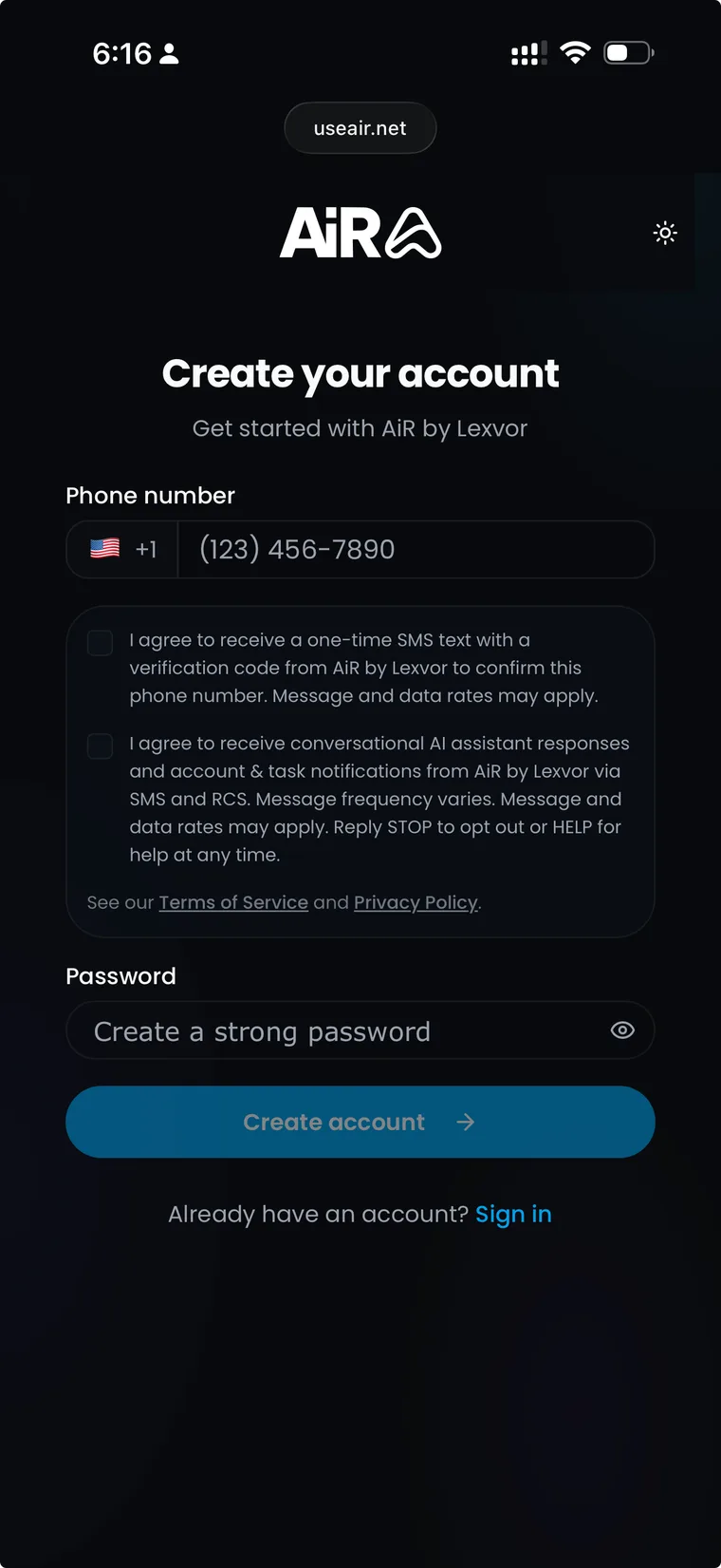 The AiR sign-up screen on a phone, asking for the number you already use.