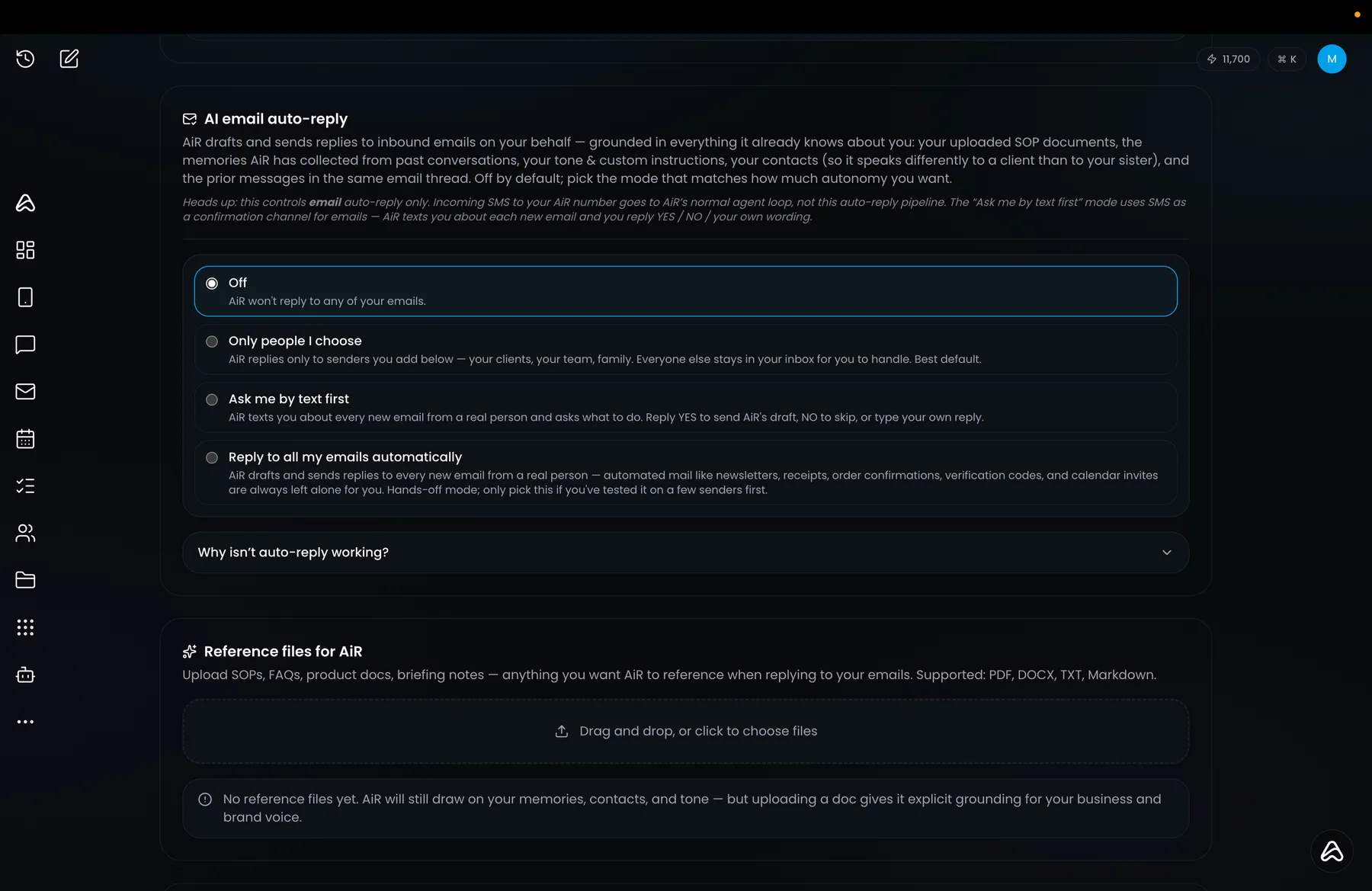 AiR email auto-reply settings in the dashboard