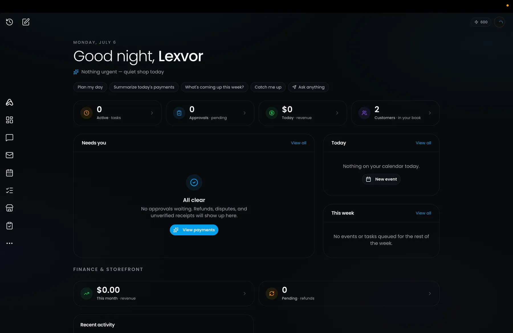 The AiR dashboard at night, ready for its next task