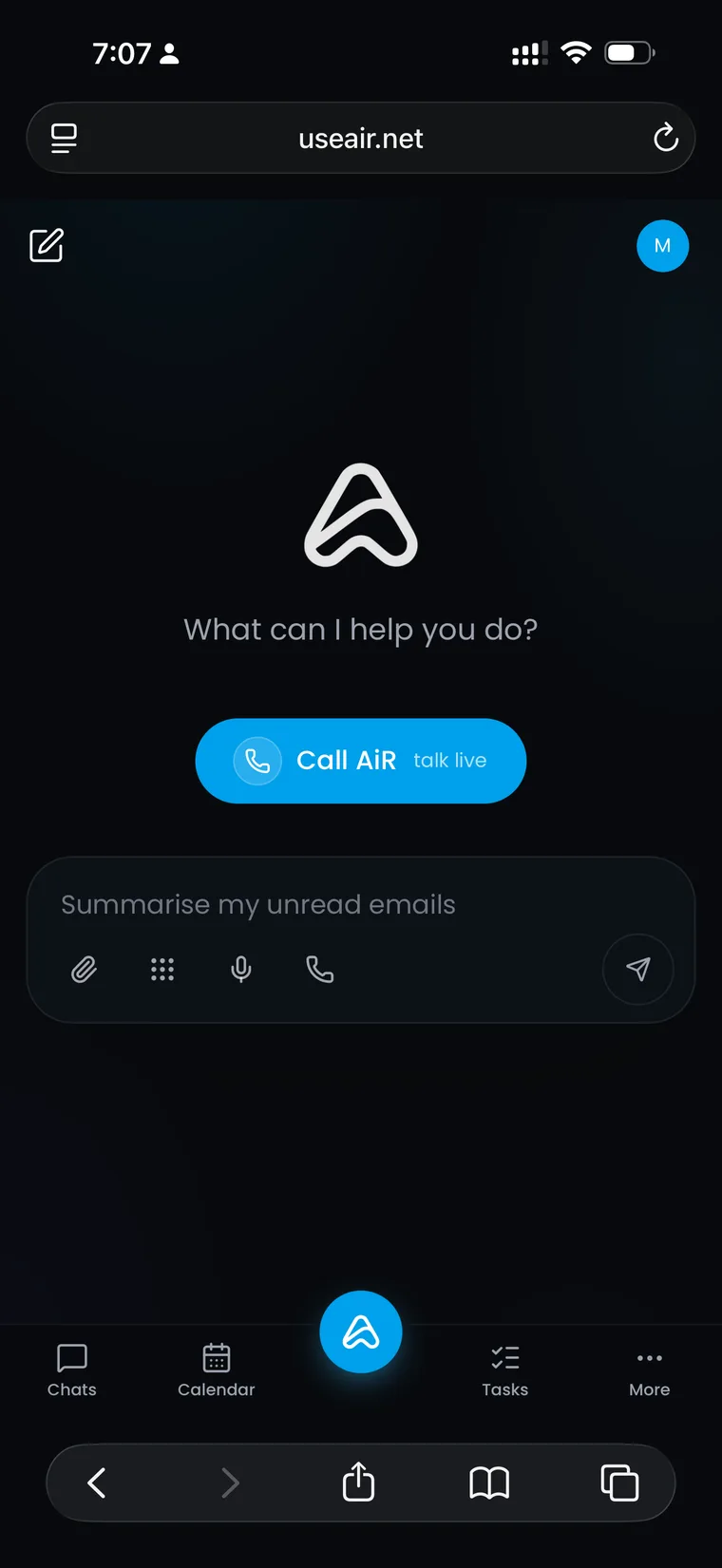 The AiR agent open in a phone browser, asking what it can help you do, with a Call AiR button and a message box.
