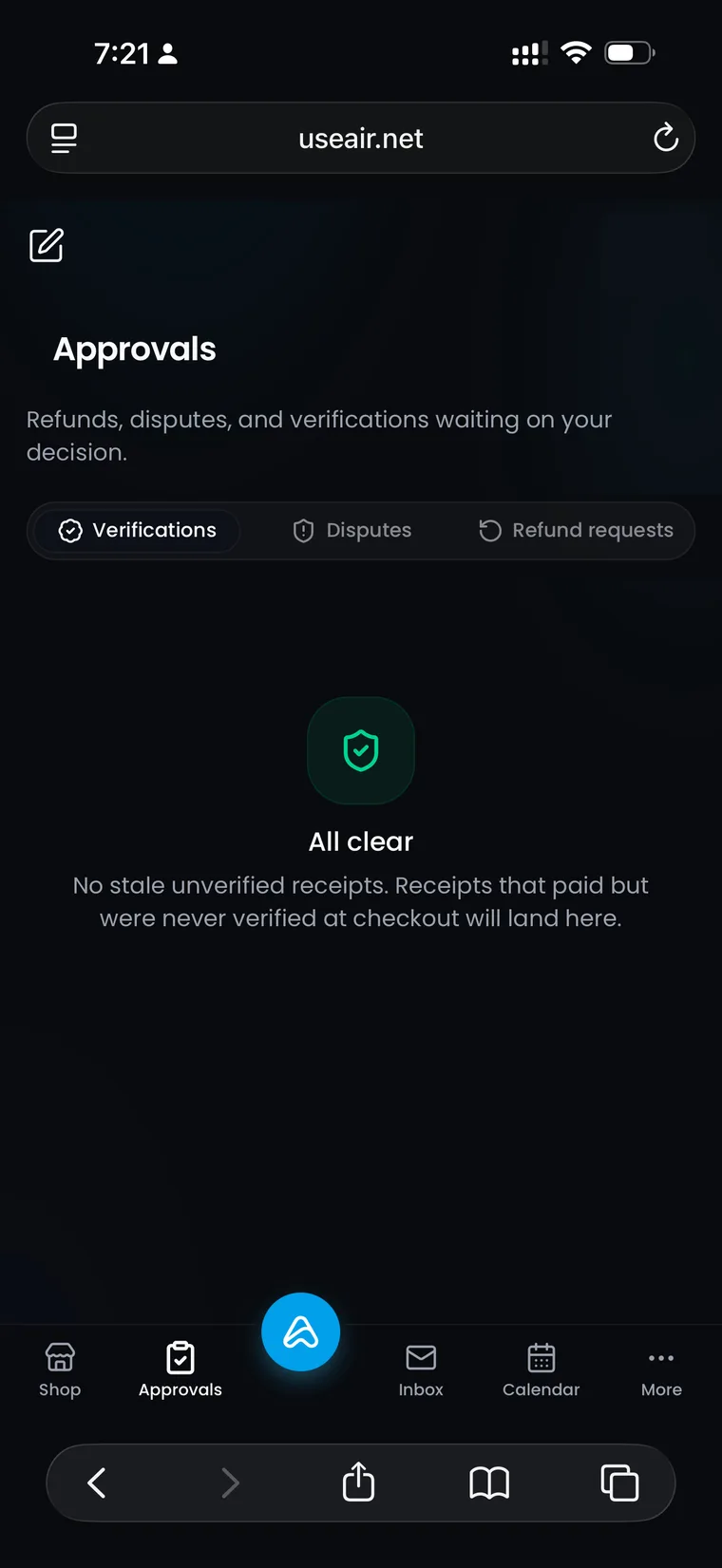 Approvals queue for agent actions in the AiR app